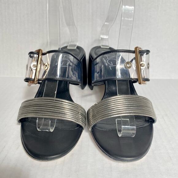 AGL Heels Mila Sandals Clear Strap Leather Black Silver Metallic Block Heel 7 37 - Picture 3 of 10